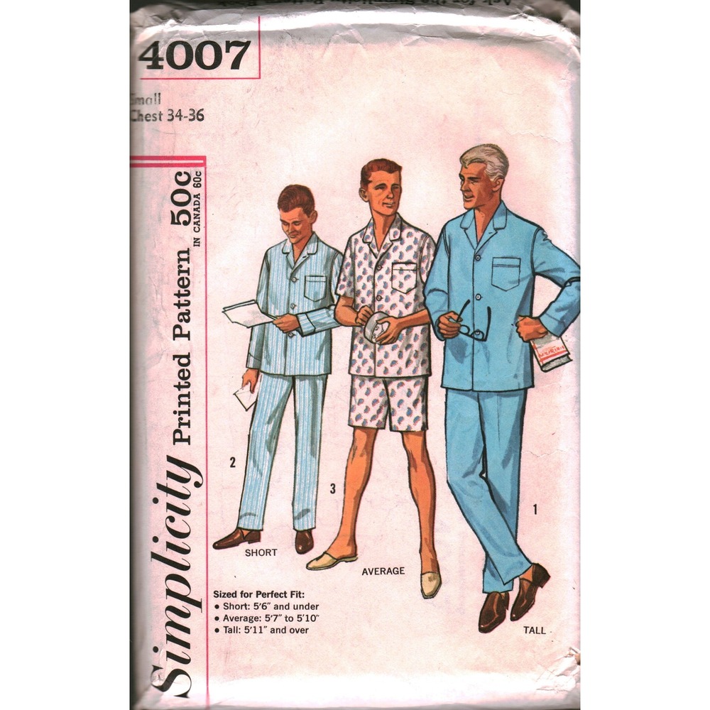 Vintage Simplicity 4007 Mens Pajamas Sewing Pattern Small Chest 34-36 Long Short